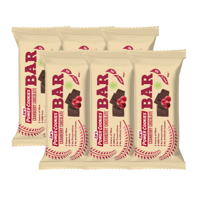 Em's Power Cookies - Energy Bars - Cranberry Chocolate (Vegan) - 6 Pack