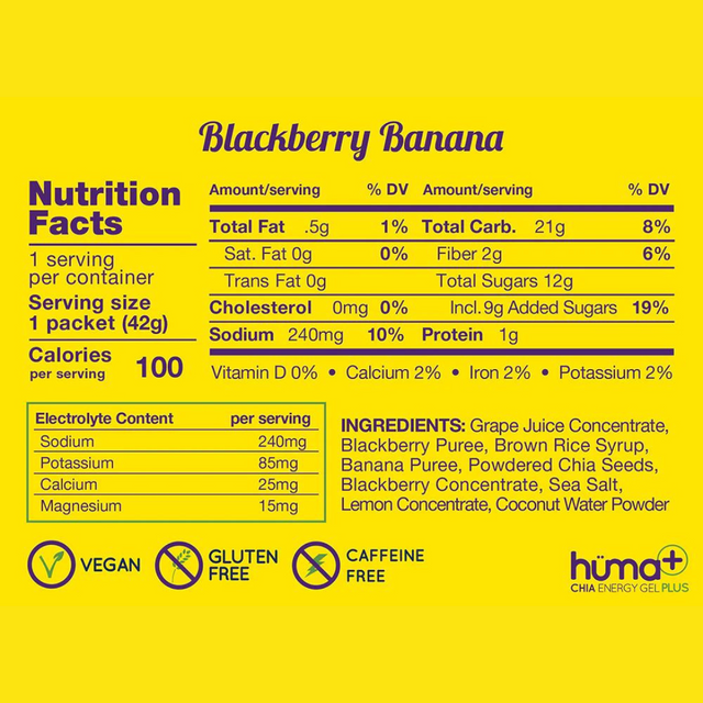 Huma Gel - Plus - Blackberry & Banana - Nutrition Chart