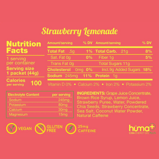 Huma Gel - Plus - Strawberry Lemonade (with caffeine) - Nutrition Chart