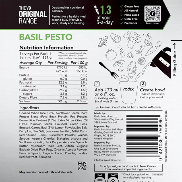 Radix Nutrition - Original Meals v9.0 - Basil Pesto (400 Kcal) - Nutrition