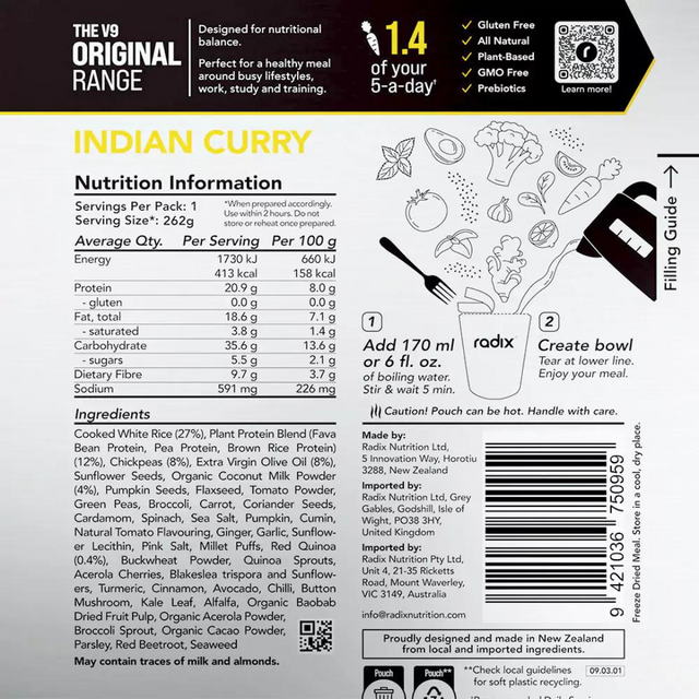 Radix Nutrition - Original Meals v9.0 - Indian Curry (400 Kcal) - Nutrition