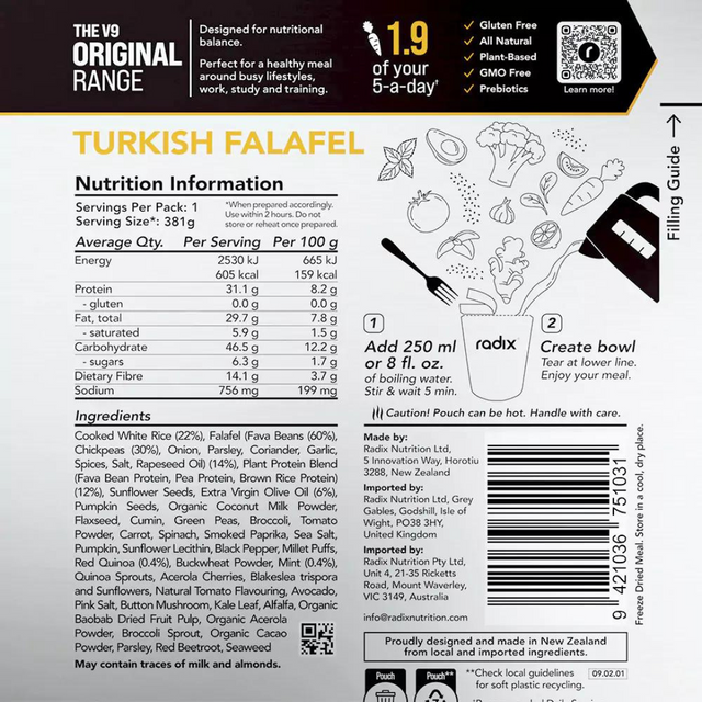 Radix Nutrition - Original Meals v9.0 - Turkish Falafel (600 Kcal) - Nutrition