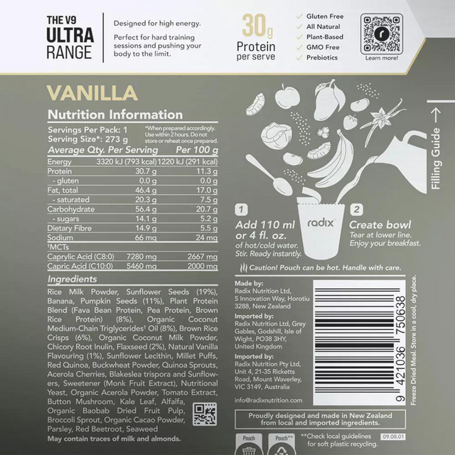 Radix Nutrition - Ultra Breakfast v9.0 - Vanilla - Nutrition