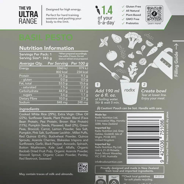 Radix Nutrition - Ultra Meals v9.0 - Basil Pesto - Nutrition