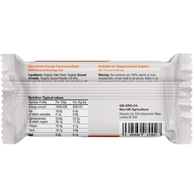 Rawvelo - Energy Bar - Organic - Chocolate Orange - Back