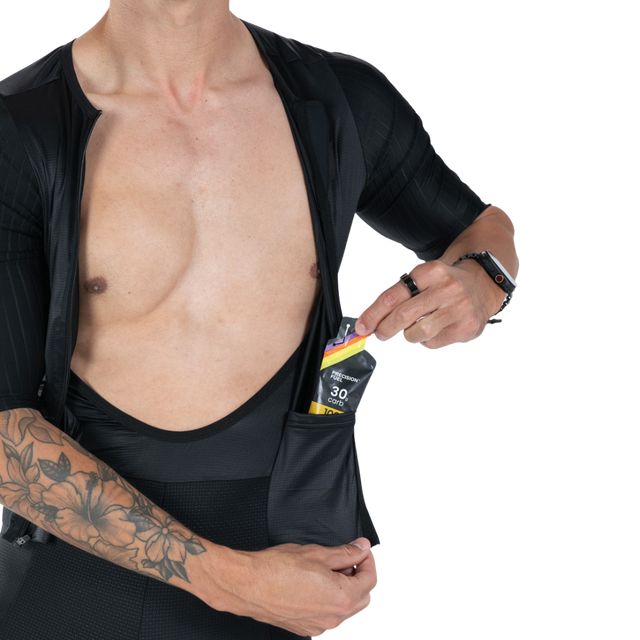 Zoot Men's Elite P1 Tri Aero FZ Racesuit in Jet Black colourway - close-up of back jersey nutrition pocket