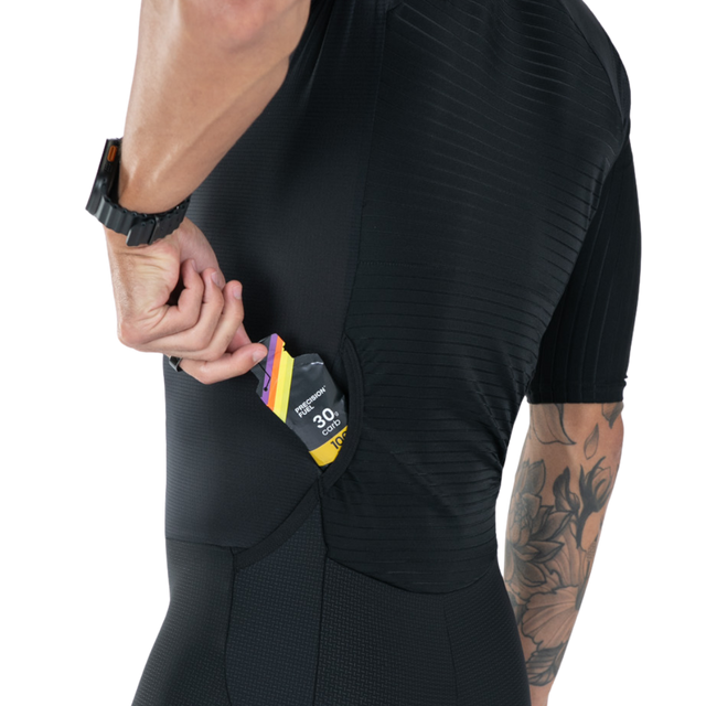Zoot Men's Elite P1 Tri Aero FZ Racesuit in Jet Black colourway - close-up of back nutrition pocket