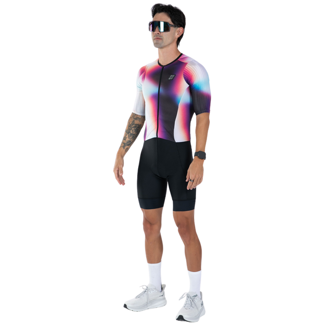 Zoot Men's Elite P1 Tri Aero FZ Racesuit in Sonic Shift colourway - front angle view