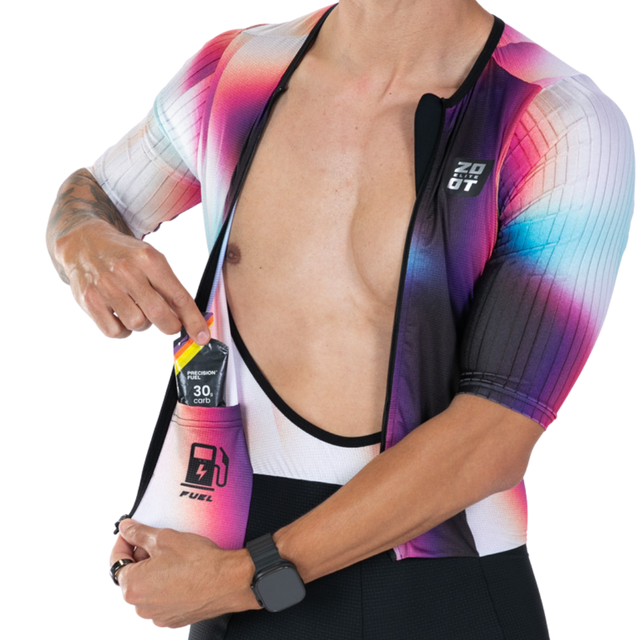 Zoot Men's Elite P1 Tri Aero FZ Racesuit in Sonic Shift colourway - close-up of jersey fuel pocket