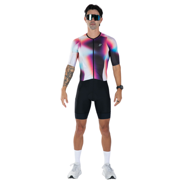 Zoot Men's Elite P1 Tri Aero FZ Racesuit in Sonic Shift colourway - front view