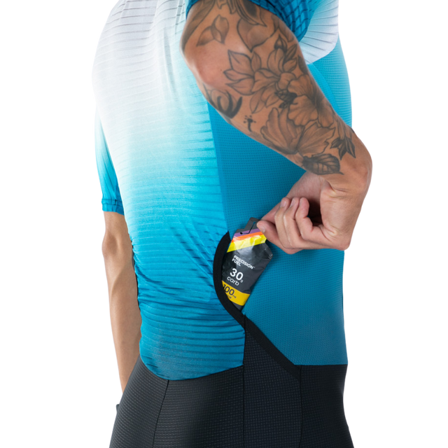 Zoot Men's Elite P1 Tri Aero FZ Racesuit in Sonic Wave colourway - close-up of back pocket