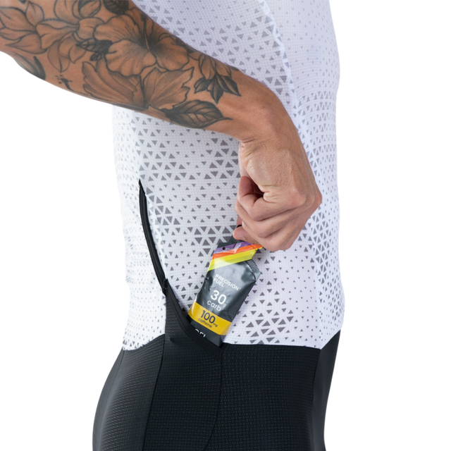 Zoot Men's Elite P1 Tri Aero FZ Racesuit in Sonic White colourway - close-up of nutrition pocket