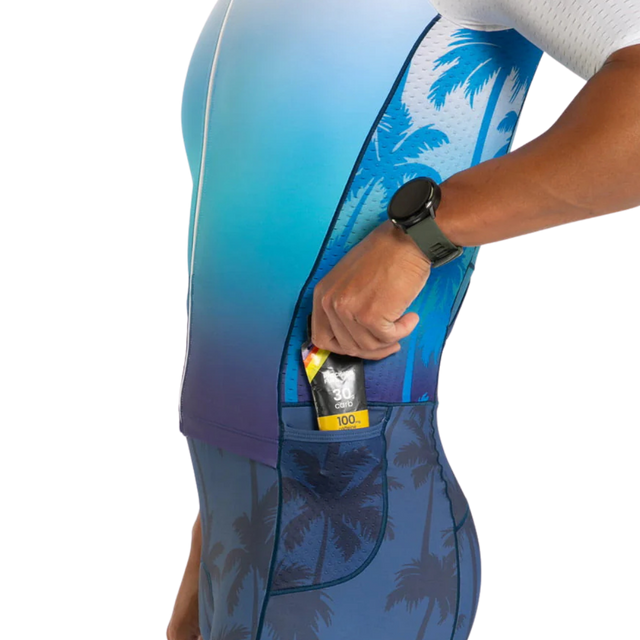 Zoot Men's Ltd Tri Aero FZ Racesuit in Paradise colourway - close-up of leg pocket