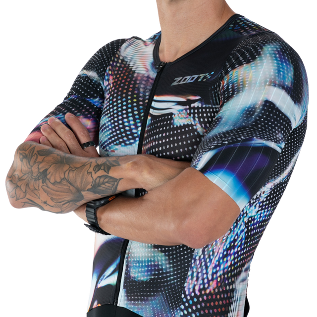 Zoot Men's Ultra Tri P1X Racesuit in Afterburn colourway - close-up of front sublimation print detail