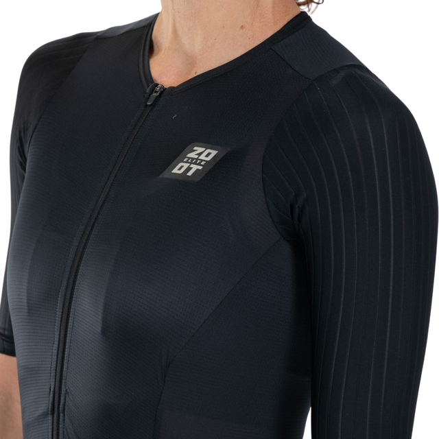 Zoot Women's Elite P1 Tri Aero FZ Racesuit in Jet Black colourway - fabric detail