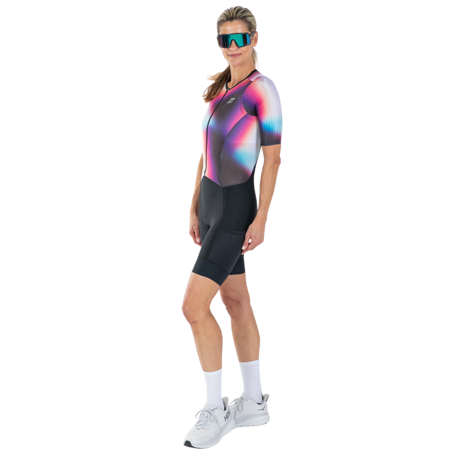 Zoot Women's Elite P1 Tri Aero FZ Racesuit in Sonic Shift colourway - angle view