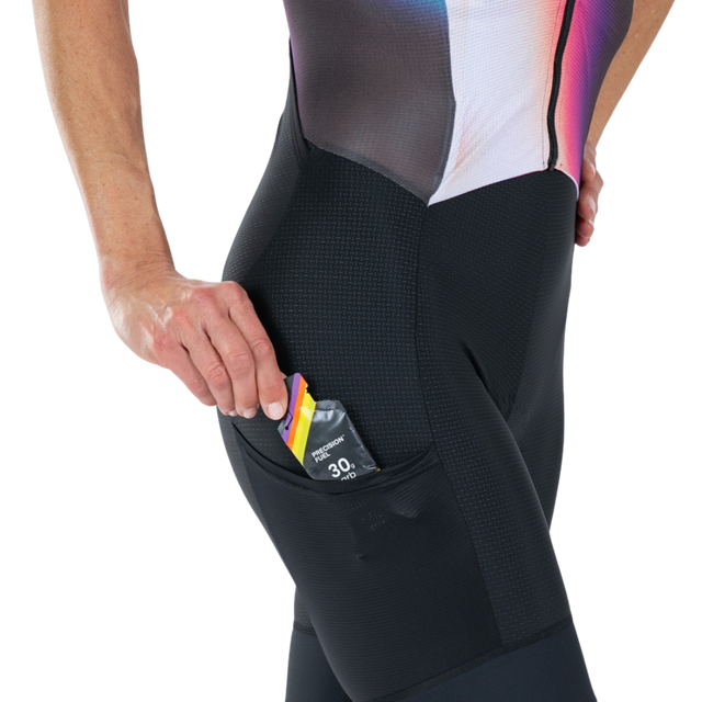 Zoot Women's Elite P1 Tri Aero FZ Racesuit in Sonic Shift colourway - leg pocket detail