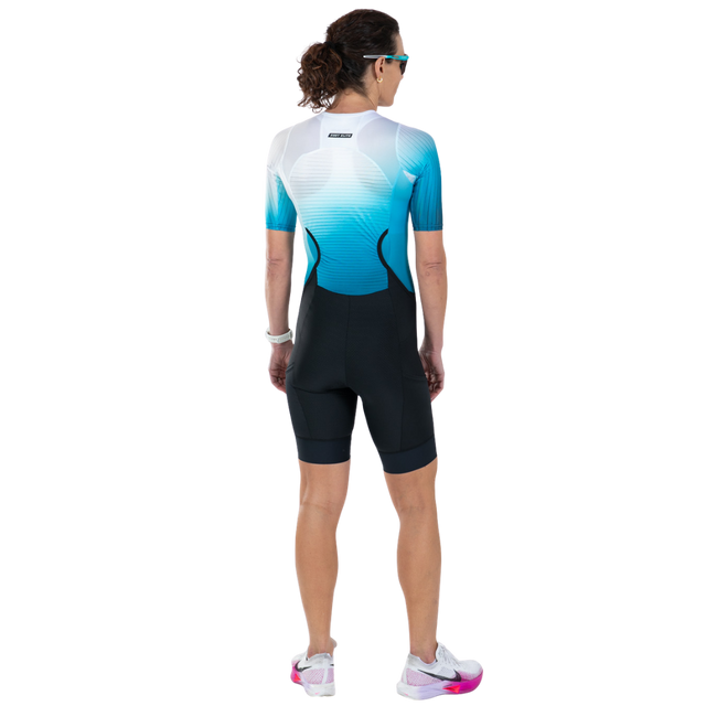 Zoot Women's Elite P1 Tri Aero FZ Racesuit in Sonic Wave colourway - back view