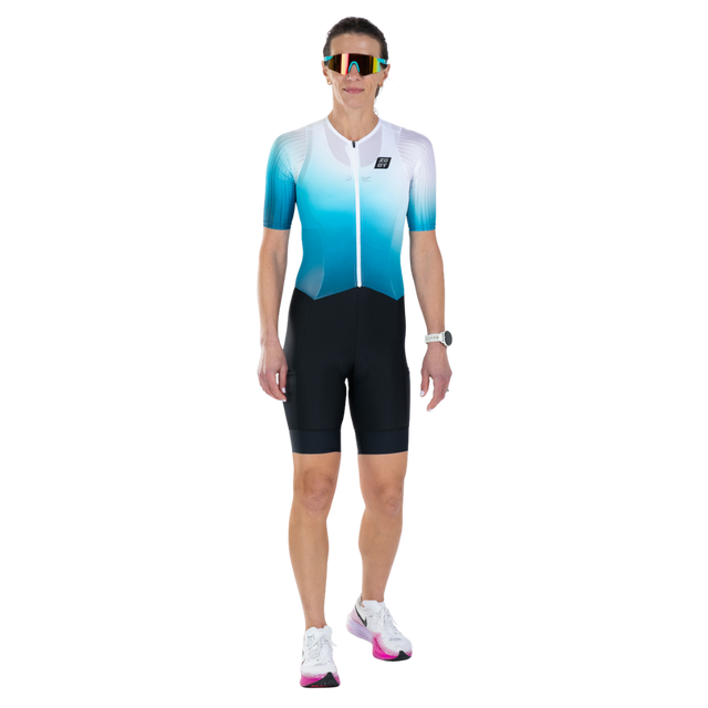 Zoot Women's Elite P1 Tri Aero FZ Racesuit in Sonic Wave colourway - front view