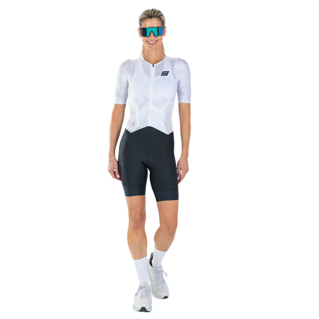 Zoot Women's Elite P1 Tri Aero FZ Racesuit in Sonic White colourway - front view